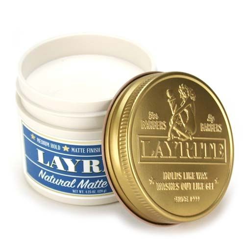 Layrite Natural Matte Cream - open pot met blauw etiket en gouden deksel ernaast