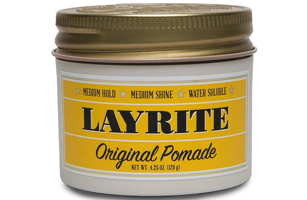 Layrite Original Pomade - vooraanzicht pot met geel etiket en gouden deksel