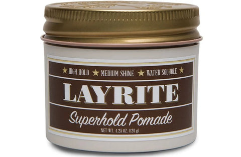 Layrite Superhold Pomade - vooraanzicht pot met bruin etiket en gouden deksel