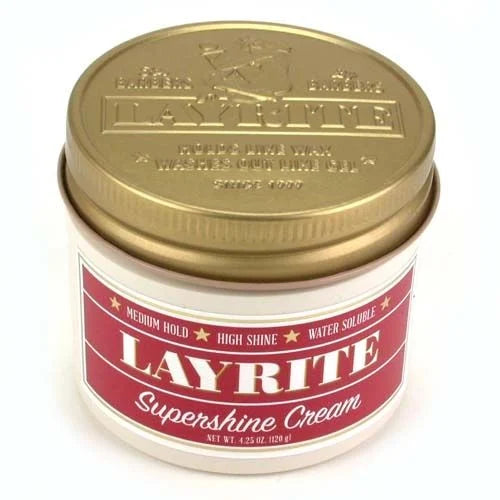 Layrite Supershine Cream - gesloten pot met rood etiket en gouden deksel