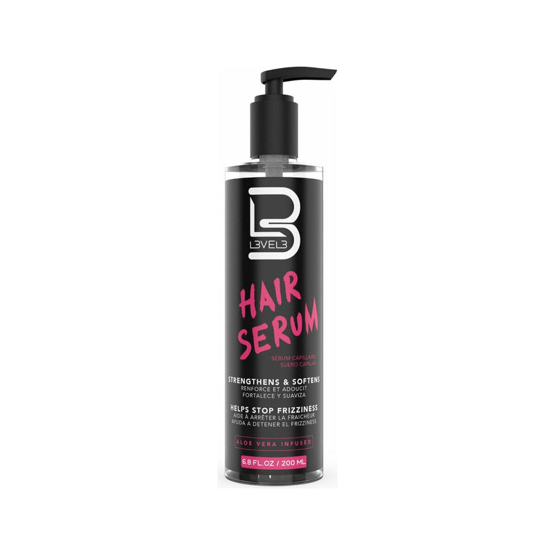 Level3 Haar Serum - zwarte pompfles vooraanzicht met etiket, witte studio