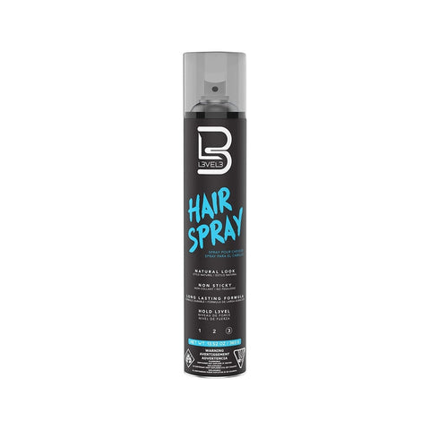 Level3 Hair Spray - zwarte spuitbus vooraanzicht met etiket, witte studio