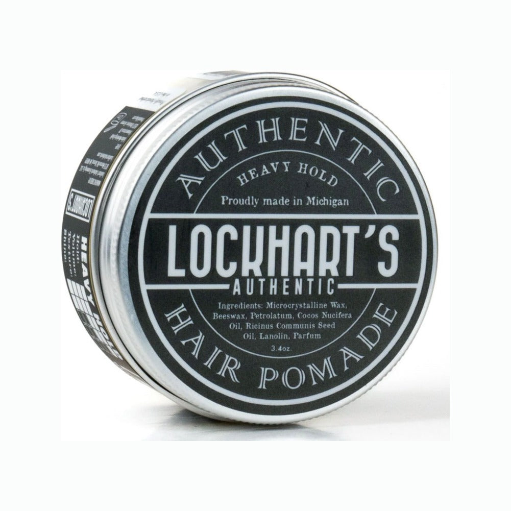 Lockhart's Heavy Hold Pomata - latta argentata con etichetta nera, vista angolata