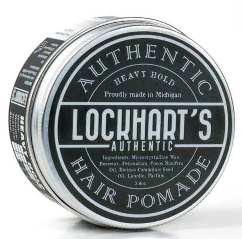 Lockhart's Heavy Hold Pomade - zilverkleurig blik met zwart etiket, schuin aanzicht
