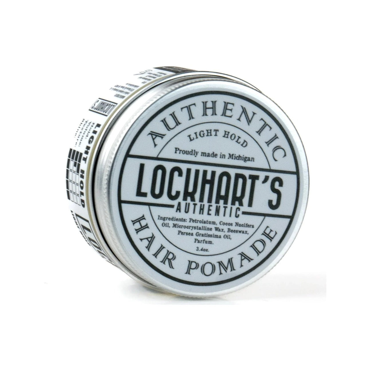 Lockhart's Light Hold Pomata - latta appoggiata con etichetta del coperchio e lista degli ingredienti