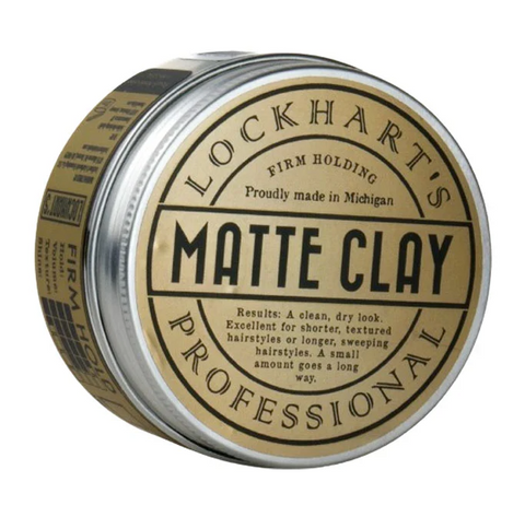 Lockhart's Matte Clay 96gr - zilverkleurig blik met bruin etiket, schuin aanzicht