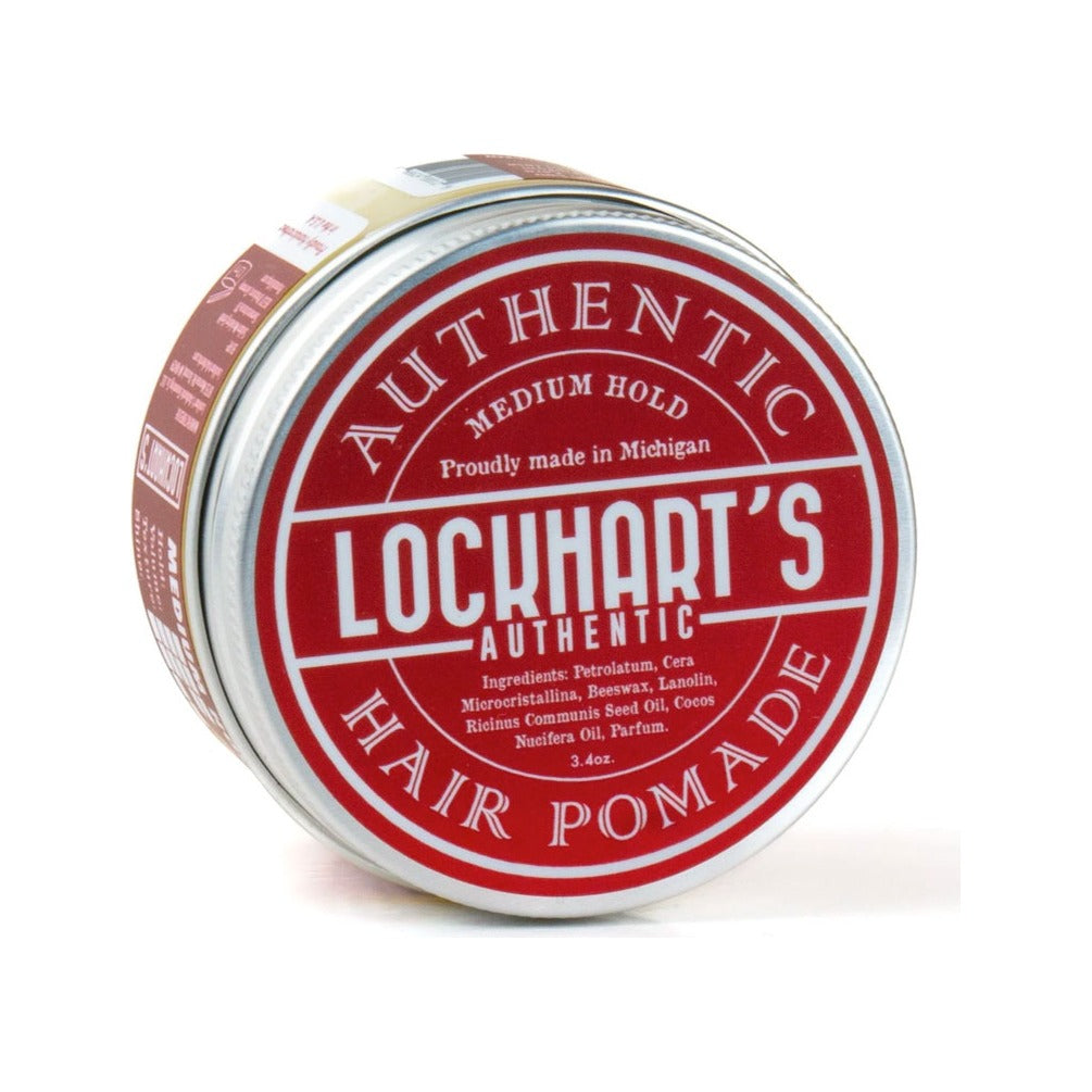 Lockhart's Medium Hold Pomata - latta argentata con etichetta rossa, vista angolata