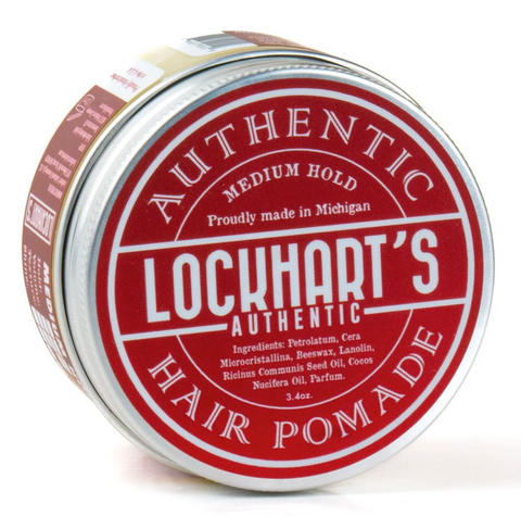Lockhart's Medium Hold Pomade - zilverkleurig blik met rood etiket, schuin aanzicht