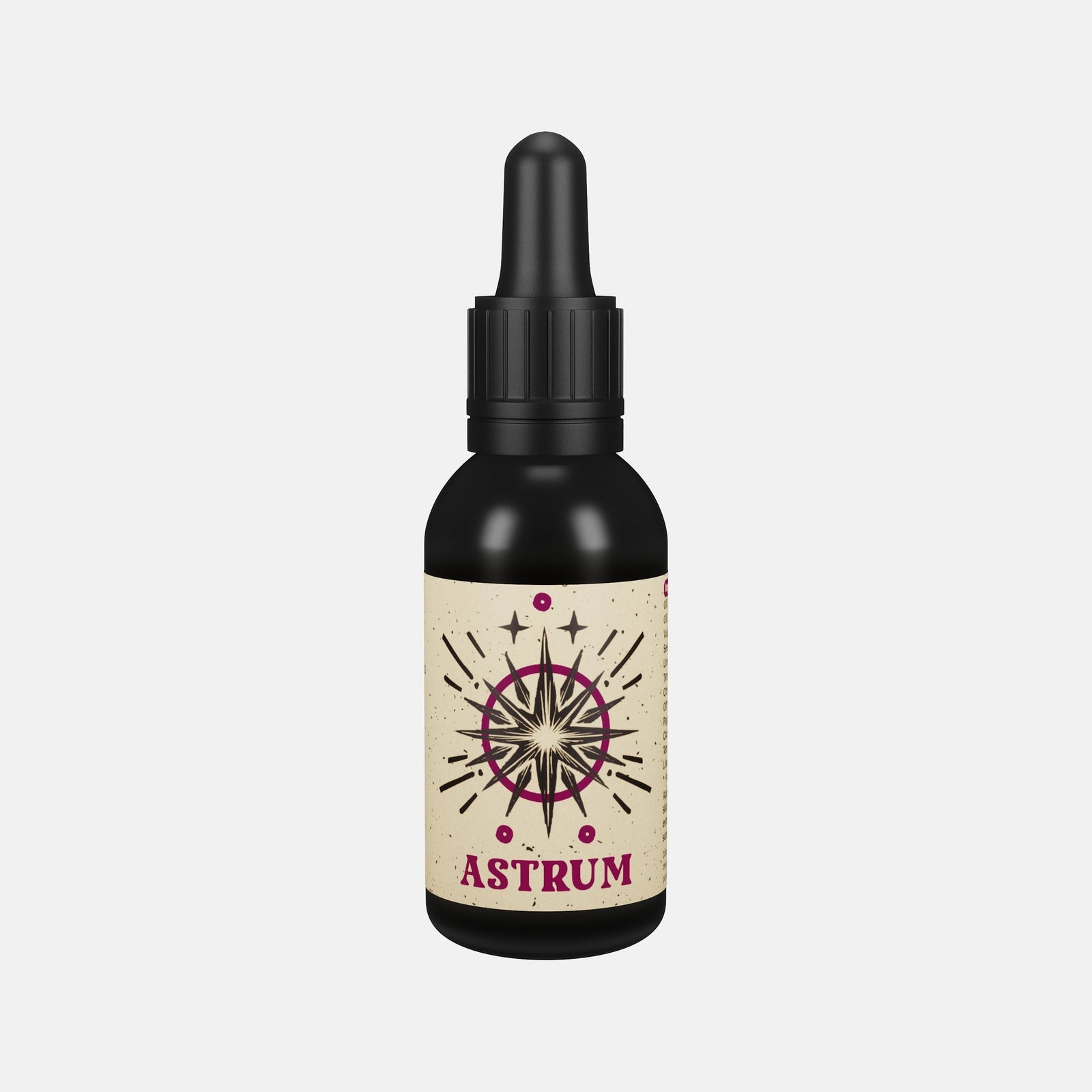 By Elementum Mollis Astrum Beard Oil - vista frontale del flacone nero con pipetta ed etichetta con stelle
