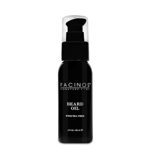 Pacinos Baardolie - zwart pompflesje 60ml met tea tree, vooraanzicht etiket