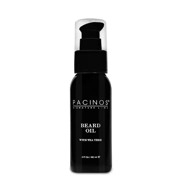 Pacinos Baardolie - zwart pompflesje 60ml met tea tree, vooraanzicht etiket