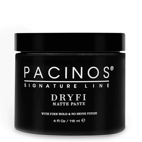 Pacinos Dryfi Matte Paste - gesloten zwart potje 118ml, vooraanzicht etiket