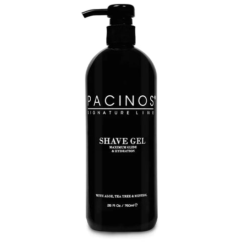 Pacinos Shave Gel - zwarte pompfles 750ml, vooraanzicht met etiket