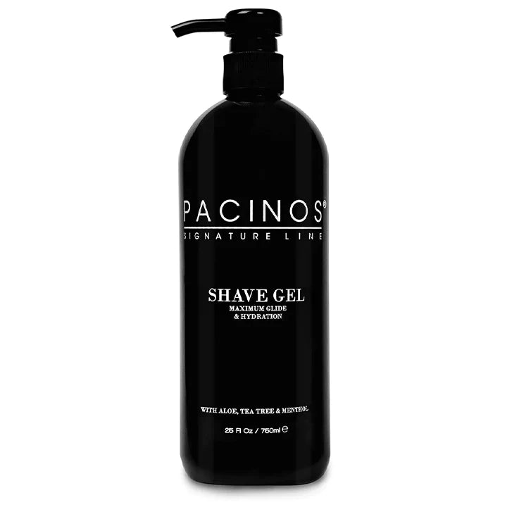Pacinos Shave Gel - zwarte pompfles 750ml, vooraanzicht met etiket