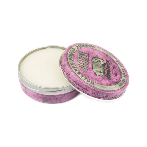 Reuzel Pink Pomade Grease - open roze travelblik 35g met inhoud zichtbaar