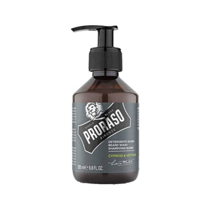 Proraso Shampoo da barba Cypress & Vetyver - vista frontale flacone a pompa marrone con etichetta grigia