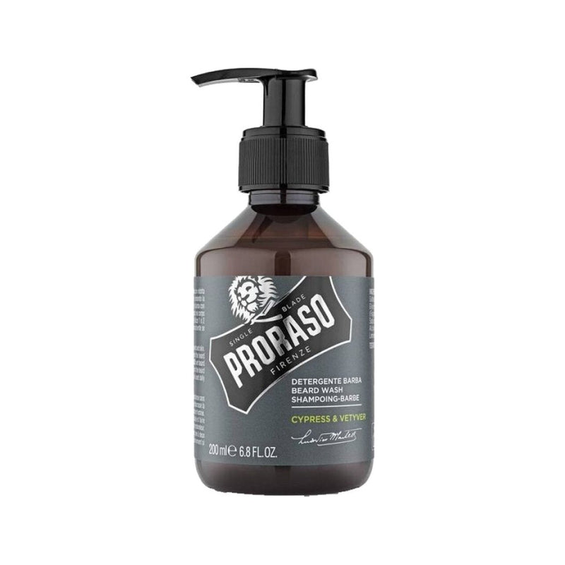 Proraso Baardshampoo Cypress & Vetyver - vooraanzicht bruine pompfles met grijs etiket