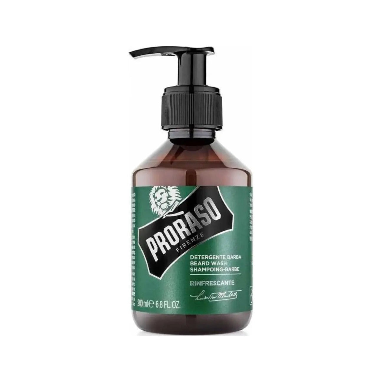 Proraso Shampoo da barba Rinfrescante - vista frontale flacone a pompa marrone con etichetta verde