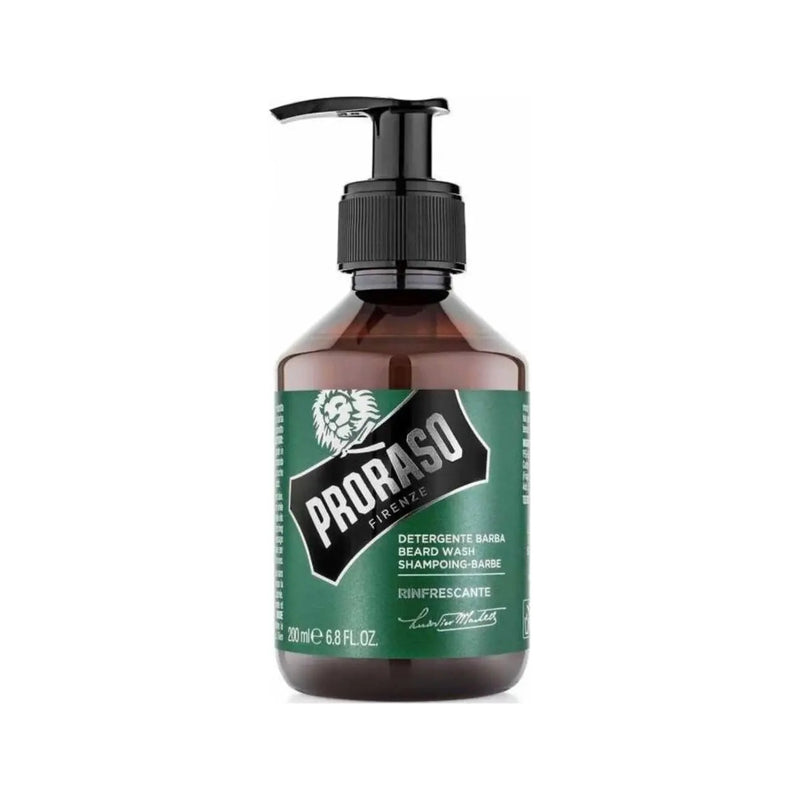 Proraso Baardshampoo Rinfrescante - vooraanzicht bruine pompfles met groen etiket
