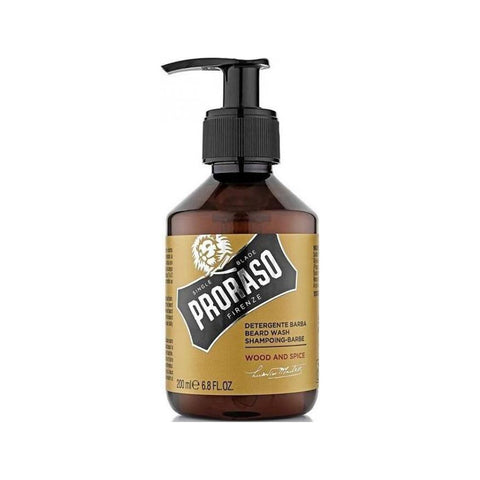 Proraso Baardshampoo Wood And Spice - vooraanzicht bruine pompfles met geel etiket