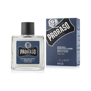 Proraso Beard Balm Azur Lime - flacone di vetro accanto alla scatola di imballaggio blu
