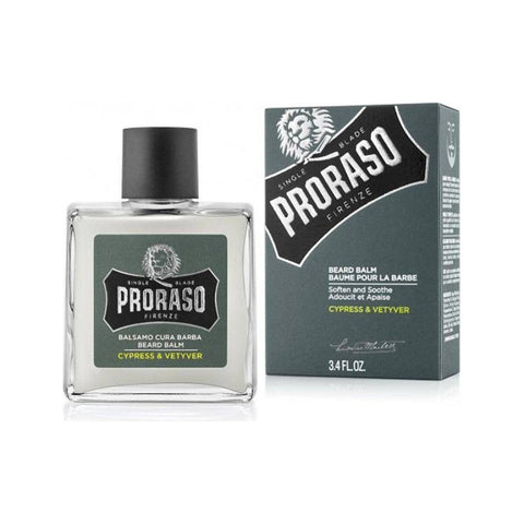 Proraso Beard Balm Cypress & Vetyver - glazen flacon naast grijze verpakkingsdoos
