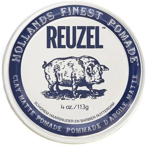 Reuzel Clay Matte Pomade - bovenaanzicht wit blik met blauwe rand van 113 gram