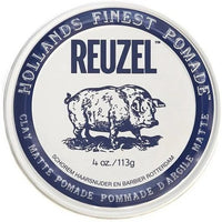 Reuzel Clay Matte Pomade - bovenaanzicht wit blik met blauwe rand van 113 gram