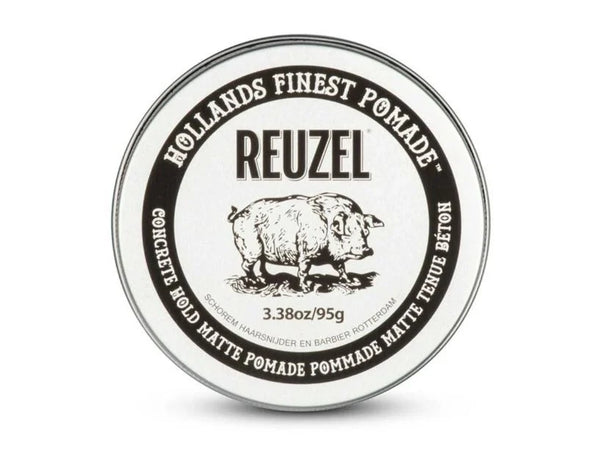Reuzel Concrete Hold Matte Pomade - bovenkant wit blik 95g met varken-logo