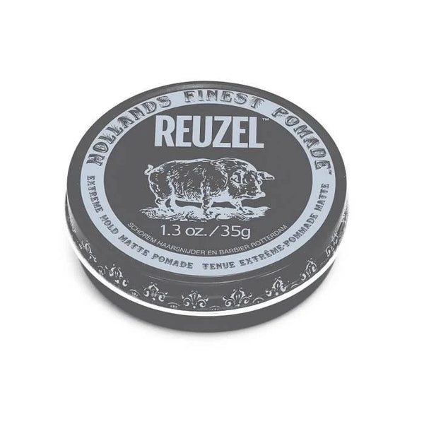 Reuzel Extreme Hold Matte Pomade - bovenaanzicht grijs travel-size blik van 35 gram