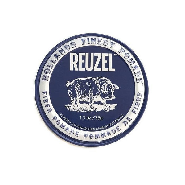 Reuzel Fiber Pomade - bovenkant klein donkerblauw travelblik 35g