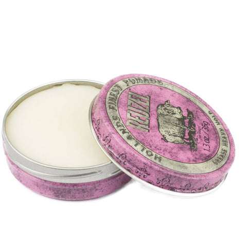 Reuzel Pink Pomade Grease - open roze travelblik 35g met inhoud zichtbaar