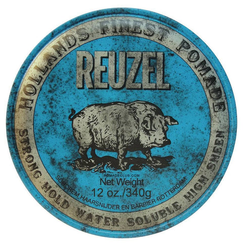Reuzel Blue Pomade - bovenkant blauw blik 340g met varken-logo