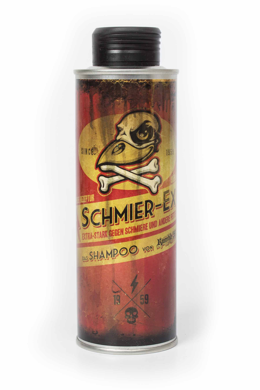 Schmiere Ex Shampoo - metalen fles met vintage etiket en schedel-illustratie