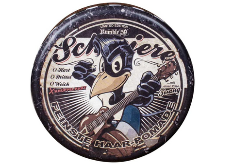Schmiere Twang Oliebasis Pomade - blik met vogel-gitarist illustratie op deksel