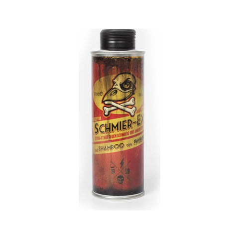 Schmiere Ex Shampoo - metalen fles met vintage etiket en schedel-illustratie
