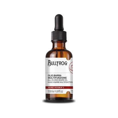 Bullfrog Secret Potion No. 2 Beard Oil - vista frontale del flacone ambrato con pipetta
