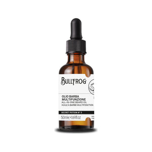 Bullfrog Secret Potion No. 3 Beard Oil - vista frontale del flacone in vetro marrone con tappo con pipetta ed etichetta