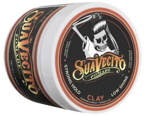 Suavecito Clay Pomade - gesloten pot schuin met oranje deksel en logo