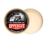 Uppercut Texture Cream - open potje 100g met creme naast deksel met bokserslabel
