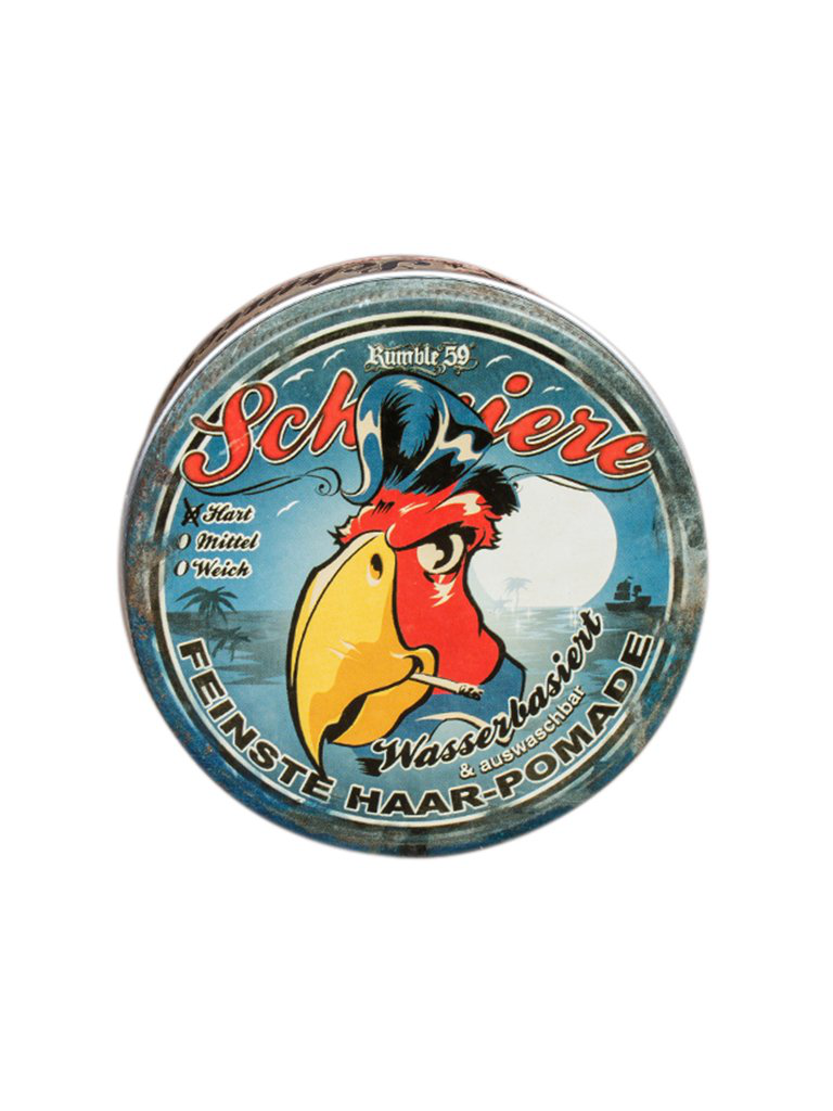 Schmiere Heavy Waterbased Pomade - barattolo con illustrazione di un pappagallo sul coperchio